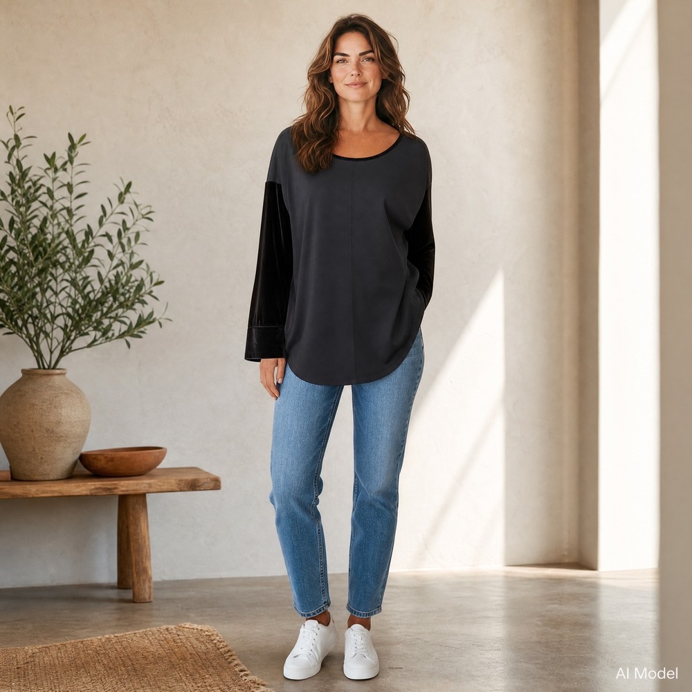 Lysse Tunic Top Women L Black Velvet Mixed Media Oversized Scoop Neck 135286